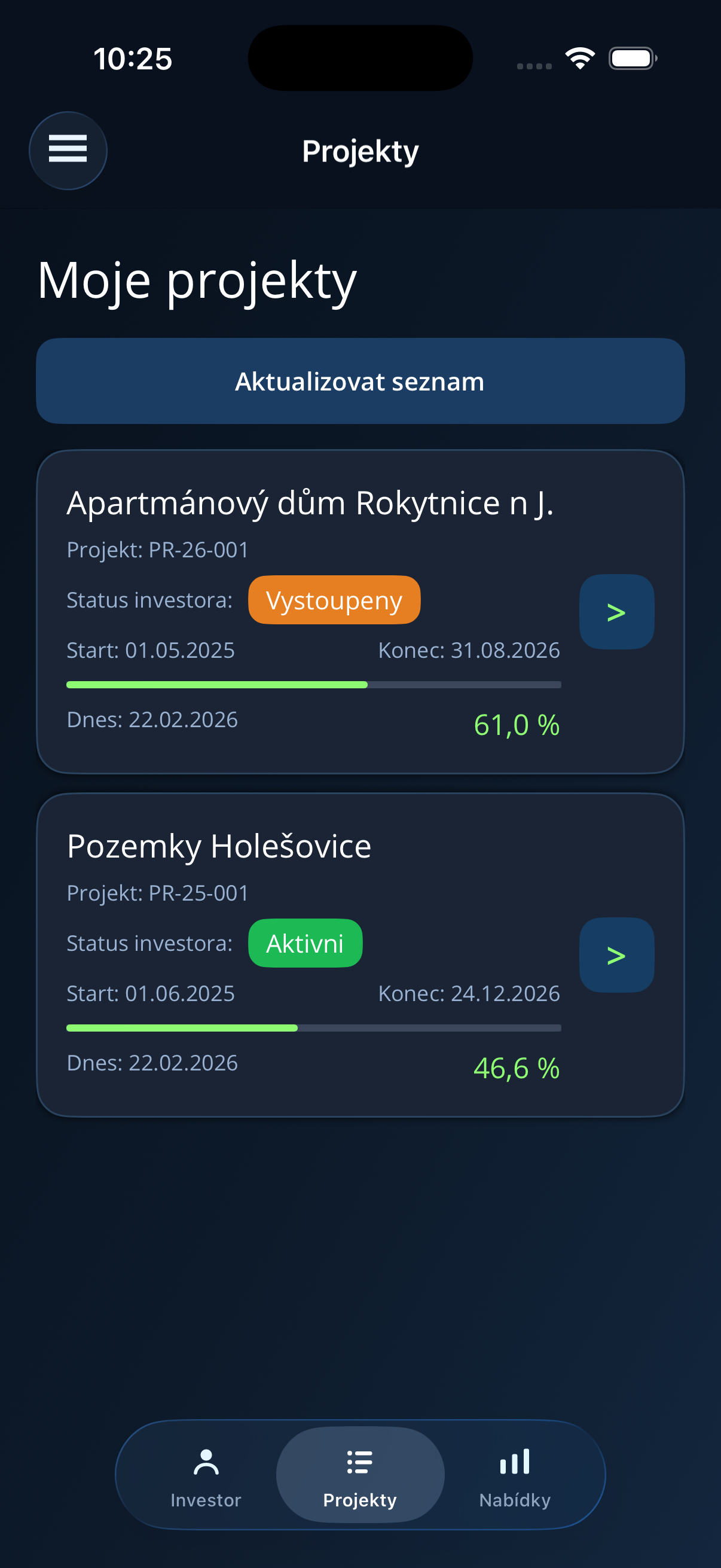 Seznam projektů investora