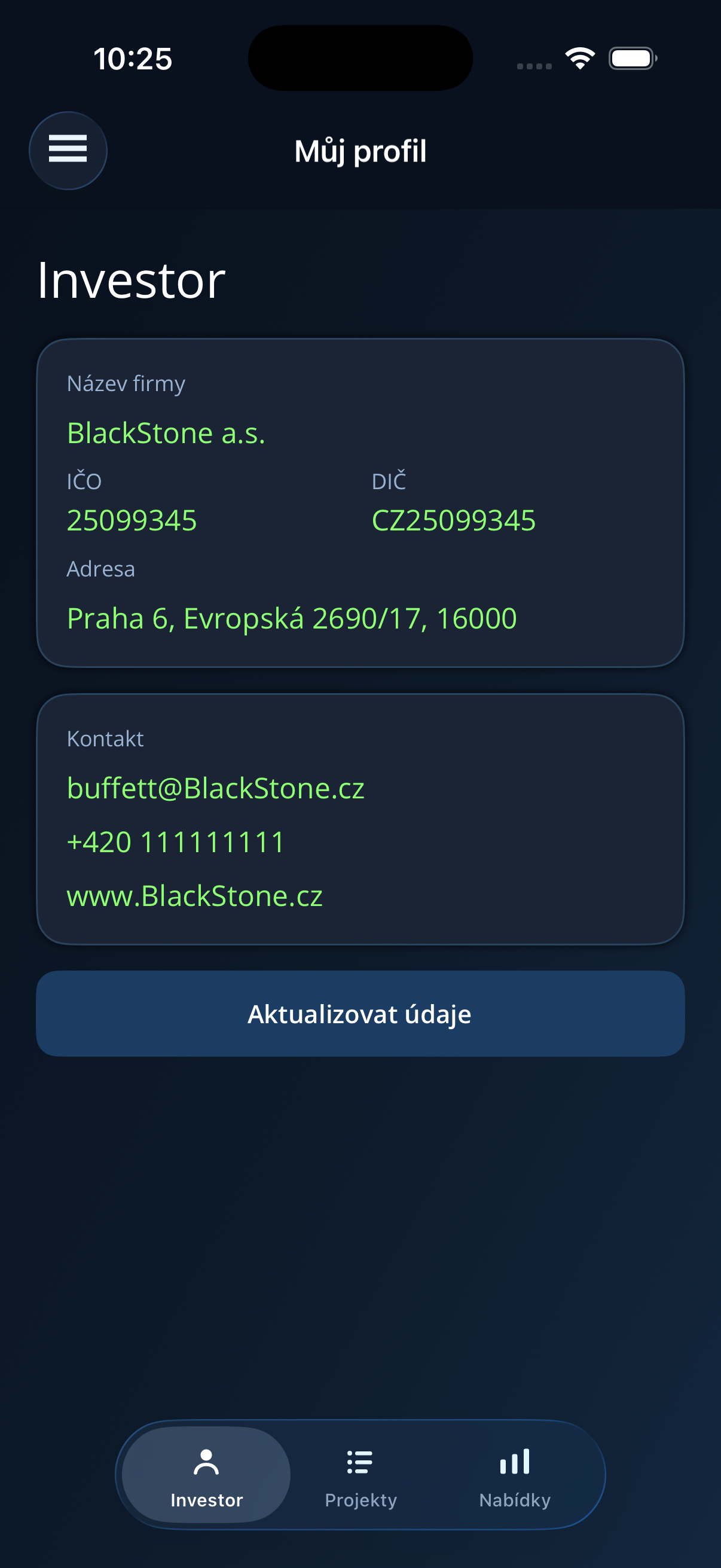 Investor dashboard v mobilní aplikaci